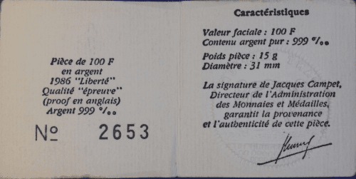 100 francs Statue de la Liberté 1986 BE