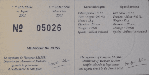 5 francs Semeuse 2001 BU